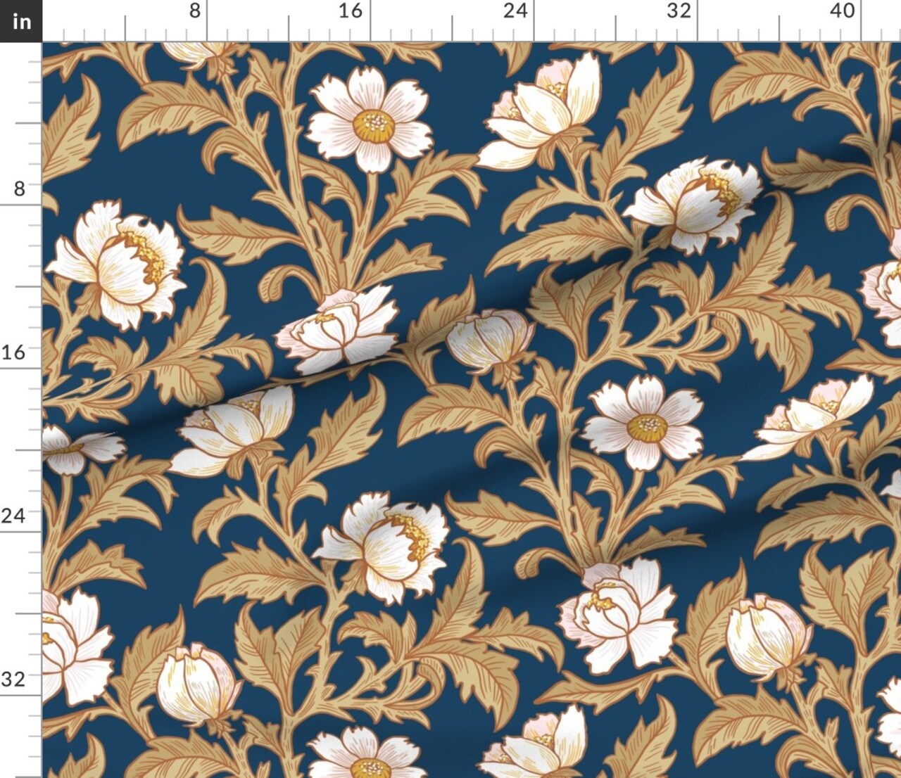 Traditional Navy Floral Heritage Revival Botanical White Flower Poppies Roses Peonies Custom Printed Fabric by Spoonflower Various Fabrics by the Yard or Fat Quarter